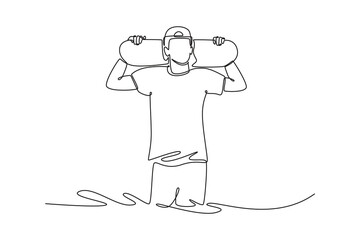 Continuous one line drawing man is standing, casually holding skateboard on his shoulder. Symbolizing relaxed confidence, urban lifestyle of skater. Single line draw design vector graphic illustration