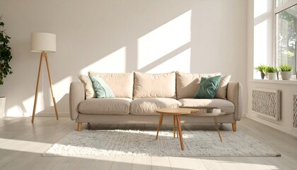 Bright, sunlit living room with beige sofa and coffee table