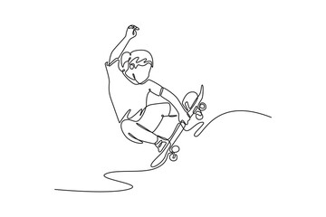 Continuous one line drawing of young female jumping with her skateboard, representing skill, agility, urban lifestyle of skateboarder landing trick. Single line draw design vector graphic illustration