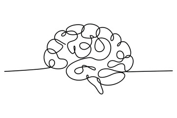 Minimalist continuous line drawing of a human brain symbolizing thought creativity and intelligence on a white background
