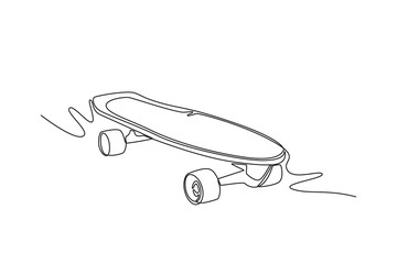 Fototapeta premium Single one line drawing a skateboard logo, representing the core equipment, the motion, and the identity of a rebellious youth culture. Modern continuous line draw design graphic vector illustration