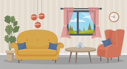 Cozy summer interior of the living room with a summer landscape outside the window. Living room interior with red armchair, sofa, window, clock and houseplant. Living room. Home furniture. Vector. 