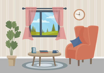 Vector illustration of a cozy living room with an easy chair, a coffee table, a houseplant, a wall clock and a window with pink curtains showing a picturesque summer landscape. Stylish interior.