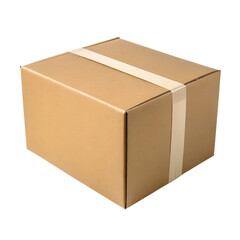 A sealed brown cardboard box rests upright, isolated and ready for simple placement on a clean transparent background.