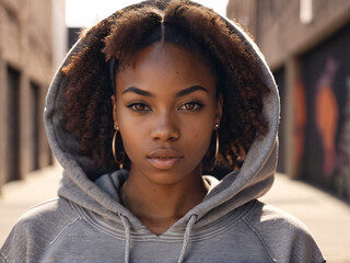 Young African American woman with afro hairstyle in streetwear