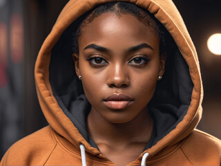 Young African American woman with afro hairstyle in streetwear