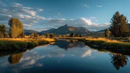 Fototapeta premium Serene Mountain Reflection - Calm River Landscape with Golden Meadow and Cloudy Sky.