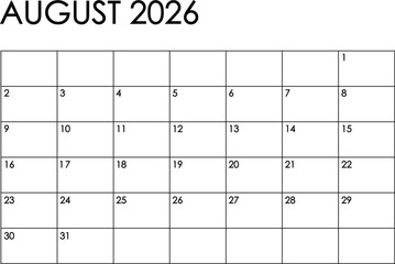 August 2026 month calendar - Sunday to Saturday format. Simple black and white design	