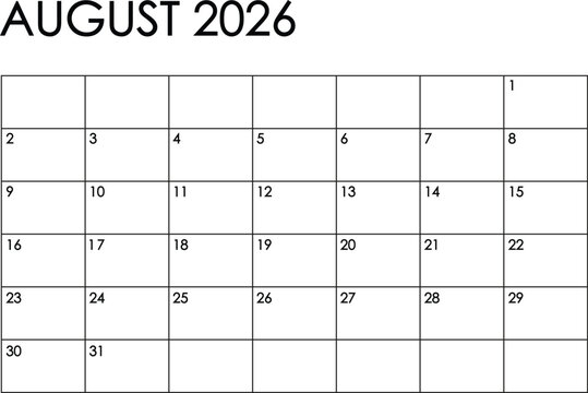August 2026 month calendar - Sunday to Saturday format. Simple black and white design	