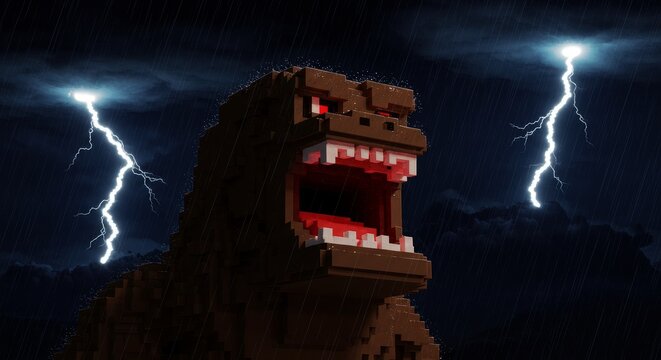 Pixelated colossus roars amidst a tempestuous downpour illuminated by lightning strikes