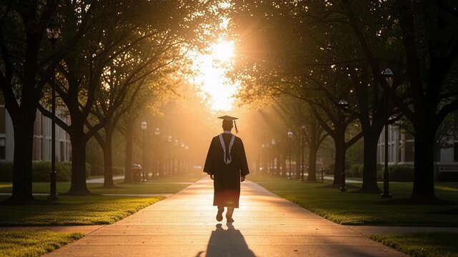 Young graduate student walking away slowly in beautiful sunlight symbolizing transition from education to adult life and independence