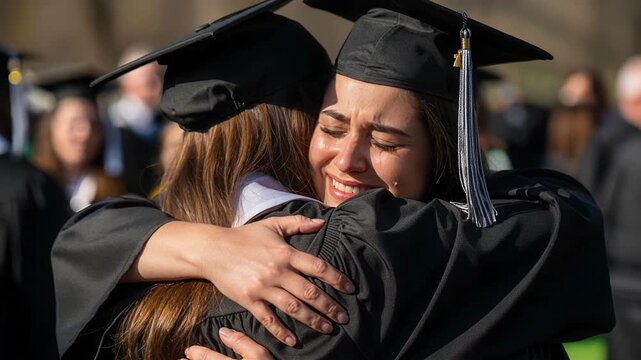 Emotional graduation moment as two graduates embrace celebrating academic achievement with tears of joy and overwhelming happiness