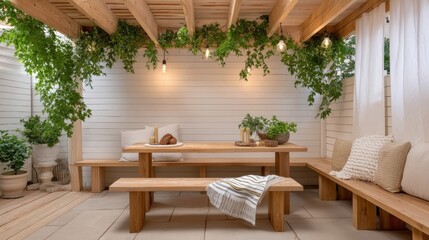 Obraz premium Relaxing outdoor dining area with wooden seating and lush greenery in a serene garden setting