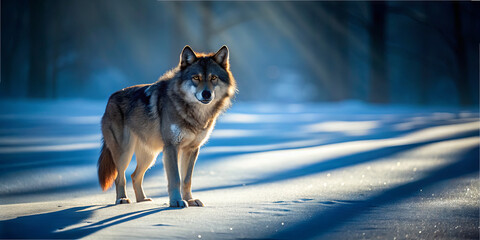 A majestic wolf stands in a snowy terrain illuminated by soft dawn light. The tranquil winter scene captures the essence of a wild animal in its natural habitat