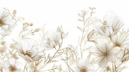 Elegant wildflowers and trending botanical illustrations, fine linework of blooming petals and graceful branches, arranged in a luxury wedding theme, clean white space with soft gold accents (3)