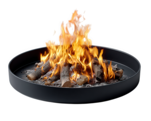 Outdoor fire pit with burning wood, bright orange flame, and ash in round metal container, perfect for camping, backyard gatherings, and cozy evenings