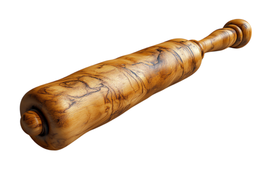 Wooden rolling pin with intricate patterns, perfect for baking and culinary use, white isolate background.