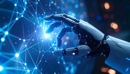 Digital Interaction: a detailed view of a robotic hand reaching out to touch a glowing digital network, sparking ideas of the future and technological connections. 