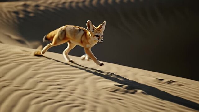Agile Fennec Fox Running Across Rippled Desert Sand Dunes in Warm Sunlight