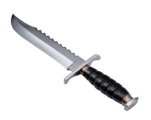 Hunting knife survival knife outdoor tool sharp blade black handle serrated edge metallic camping gear isolated realistic illustration. This versatile knife evokes adventure and preparedness