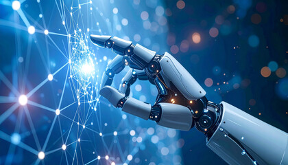Robotic Touch: A close-up shot of a robotic arm extending a finger to interact with a luminous network, representing artificial intelligence, futuristic technology, and digital interaction.