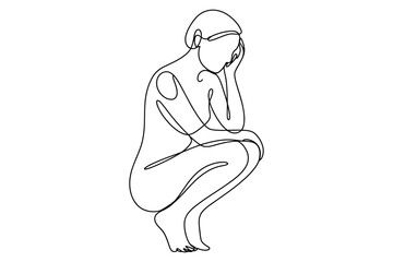 Minimalist continuous line drawing of a pensive female figure in a crouching pose with hand to face expressing contemplation and introspection