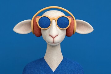Fototapeta premium Cool sheep with headphones enjoying music against a vibrant blue background in a creative digital art design