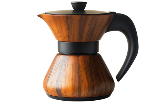 Elegant coffee maker with a wooden finish, designed for brewing rich coffee, isolated on a white background.