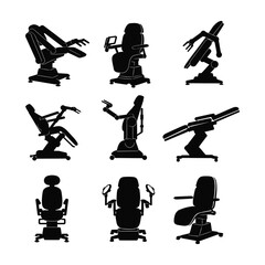 Black silhouette icon set of an advanced physiotherapy robot and automated chairs for futuristic healthcare and medical technology