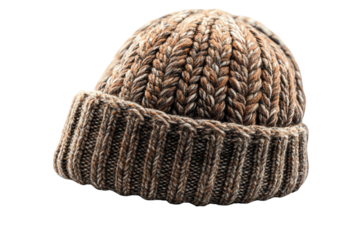 A cozy knitted beanie hat in earthy tones, ideal for winter wear and casual outings.