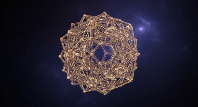 Abstract 3D illustration of a complex golden atomic structure floating in the cosmos, representing network connections and future technology - Powered by Adobe