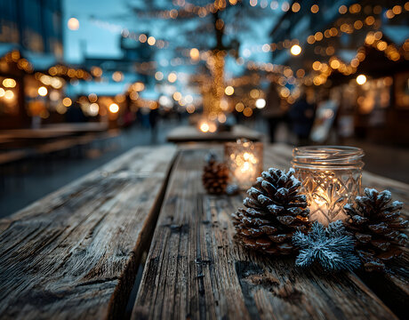 Nahaufnahme von einem warmen Holztisch mit einem gemtlich, weihnachtlich dekorertem Weihnachtsmarkt im Hntergrund. Platz f&uuml;r Text der eine Produktpr&auml;sentatin.