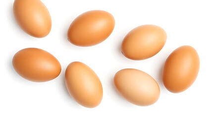 Fresh brown eggs with natural texture, isolated on a pure white background under soft overhead lighting.