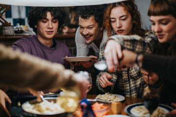A cheerful gathering of friends sharing delicious food and warm moments around a dining table indoors.
