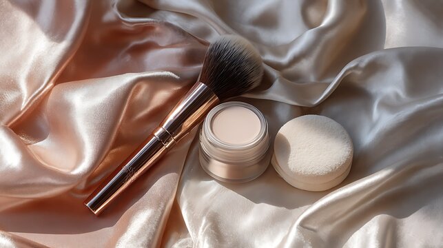 A close-up of beauty essentials including a makeup brush, translucent powder, and a silky surface in soft lighting. - Powered by Adobe