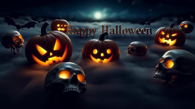 Happy Halloween greeting scary pumpkins glowing skulls emerge from thick fog spooky night scene bats fly under full moon perfect horror theme party invitation creates creepy mysterious atmosphere - Powered by Adobe