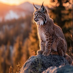 Obraz premium A majestic lynx perches on a rock at sunset, surrounded by a serene landscape, capturing the beauty of wildlife and nature.
