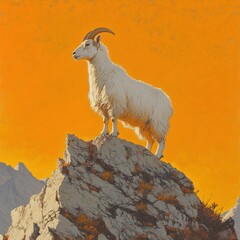 Fototapeta premium A majestic white goat stands atop a rocky peak, silhouetted against a vibrant orange sky, showcasing its strength and grace in a stunning natural landscape.