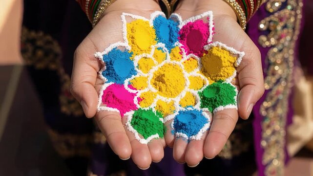 Children's hands cupped together creating beautiful mandala pattern with colorful Holi powders during traditional festival celebration