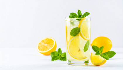 Fototapeta premium Refreshing lemonade drink with ice and mint sprigs on a white surface