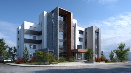 Modern architectural rendering of a multi story building with large windows