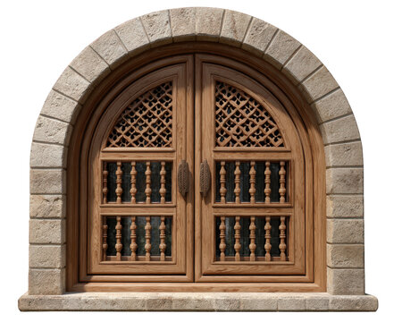 Arched stone window wooden frame intricate carving traditional architecture cultural design decorative pattern vintage style