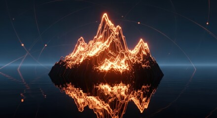 Futuristic digital landscape featuring a glowing fiery mountain representing big data topography and network connections