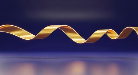 Elegant 3D rendering of a flowing golden ribbon, gracefully swirling on a reflective dark blue and purple background, symbolizing luxury and celebration