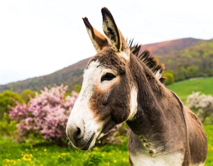Donkey portrait in a spring meadow