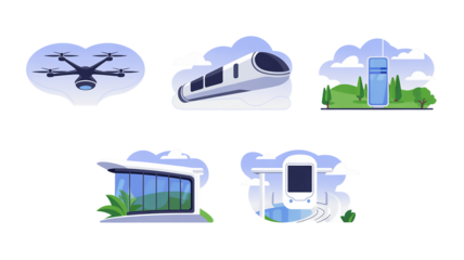 Future technology innovation transportation drone train building infrastructure concept art Isolated on a transparent background