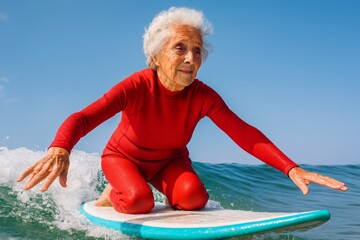 Active senior woman surfing ocean wave in red wetsuit, concept of active aging, elder sports lifestyle, healthy retirement adventure travel