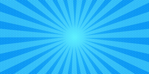 Comic background. Pop art texture. Starburst cartoon style. Anime design with explosion effect for print. Fun dot pattern. Blue backdrop with halftone gradient. Funny line frame. Vector illustration