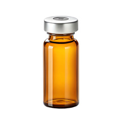 A small empty amber glass medical vial with a shiny silver cap stands upright, perfectly isolated on a clean transparent background for pharmacy use.
