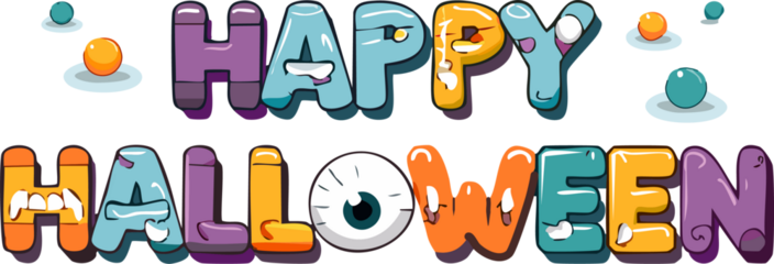 Playful cartoon vector text that says "Happy Halloween", with letters designed to look like monster elements (e.g., slime, stitches, eyeballs, mummy bandages), fun and decorative typography.